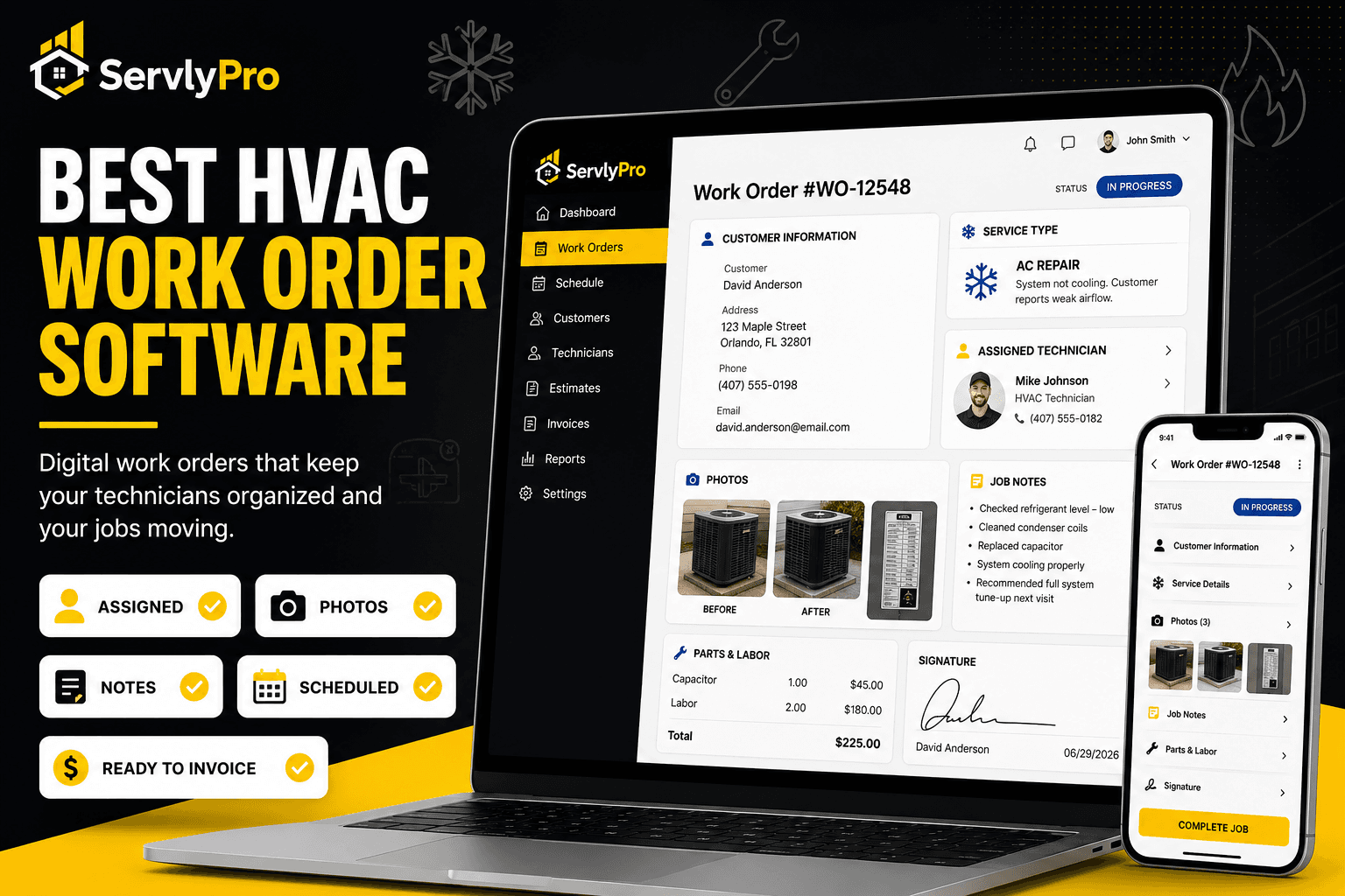 HVAC work order software dashboard with technician assignments and digital work orders