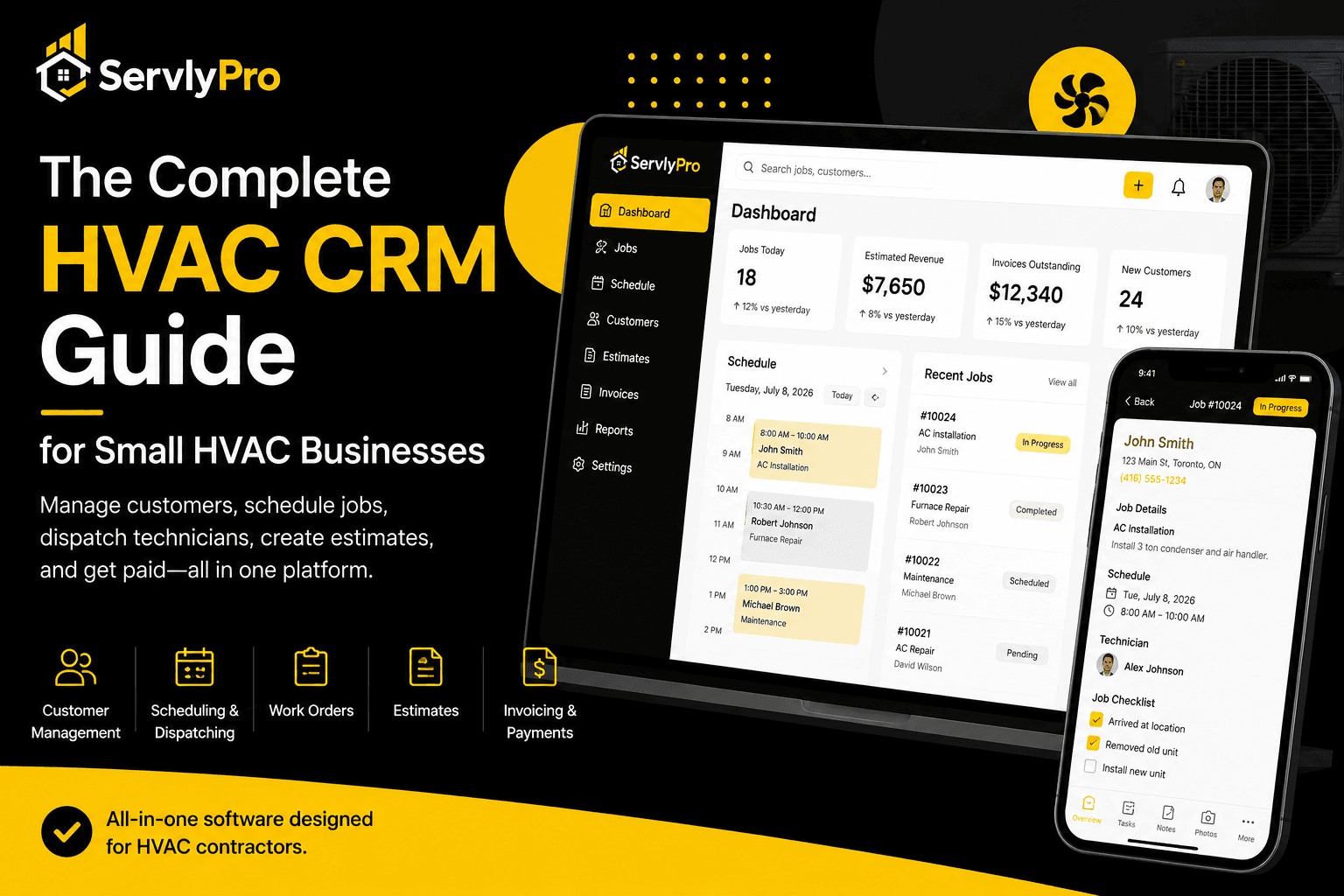 HVAC CRM software dashboard showing customer management, scheduling, work orders, and invoicing