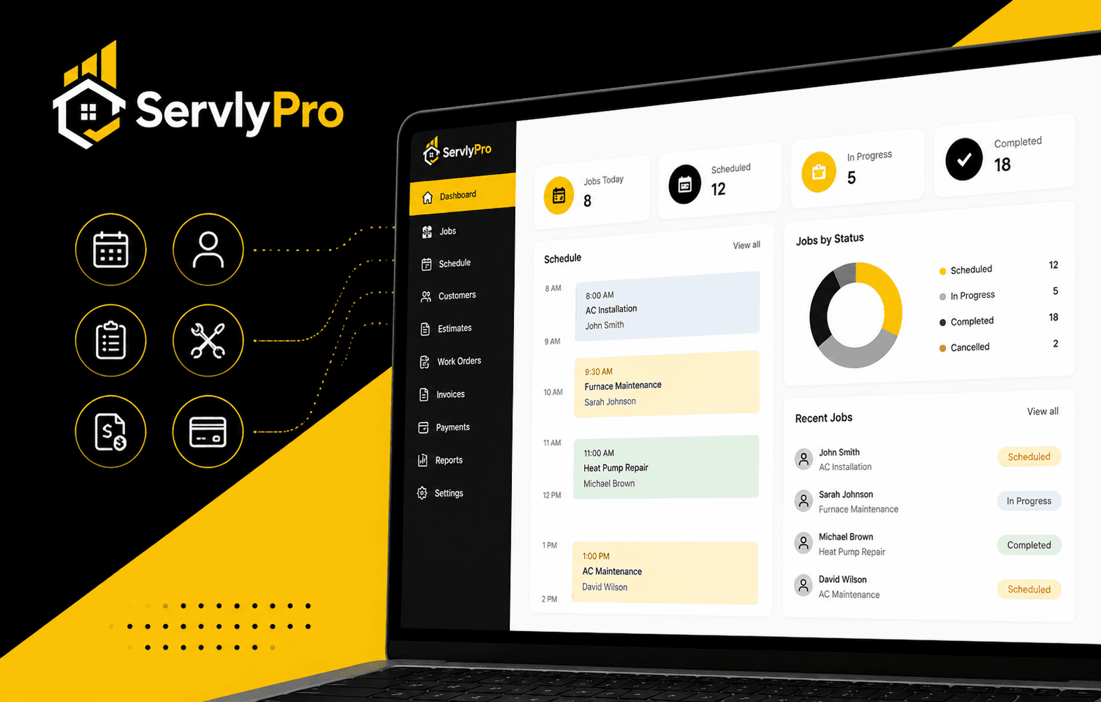 HVAC contractor software dashboard showing scheduling, customer management, work orders, estimates, and invoicing