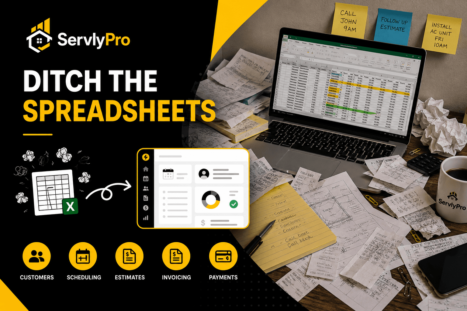 HVAC contractor software dashboard showing scheduling, customers, estimates, and payments