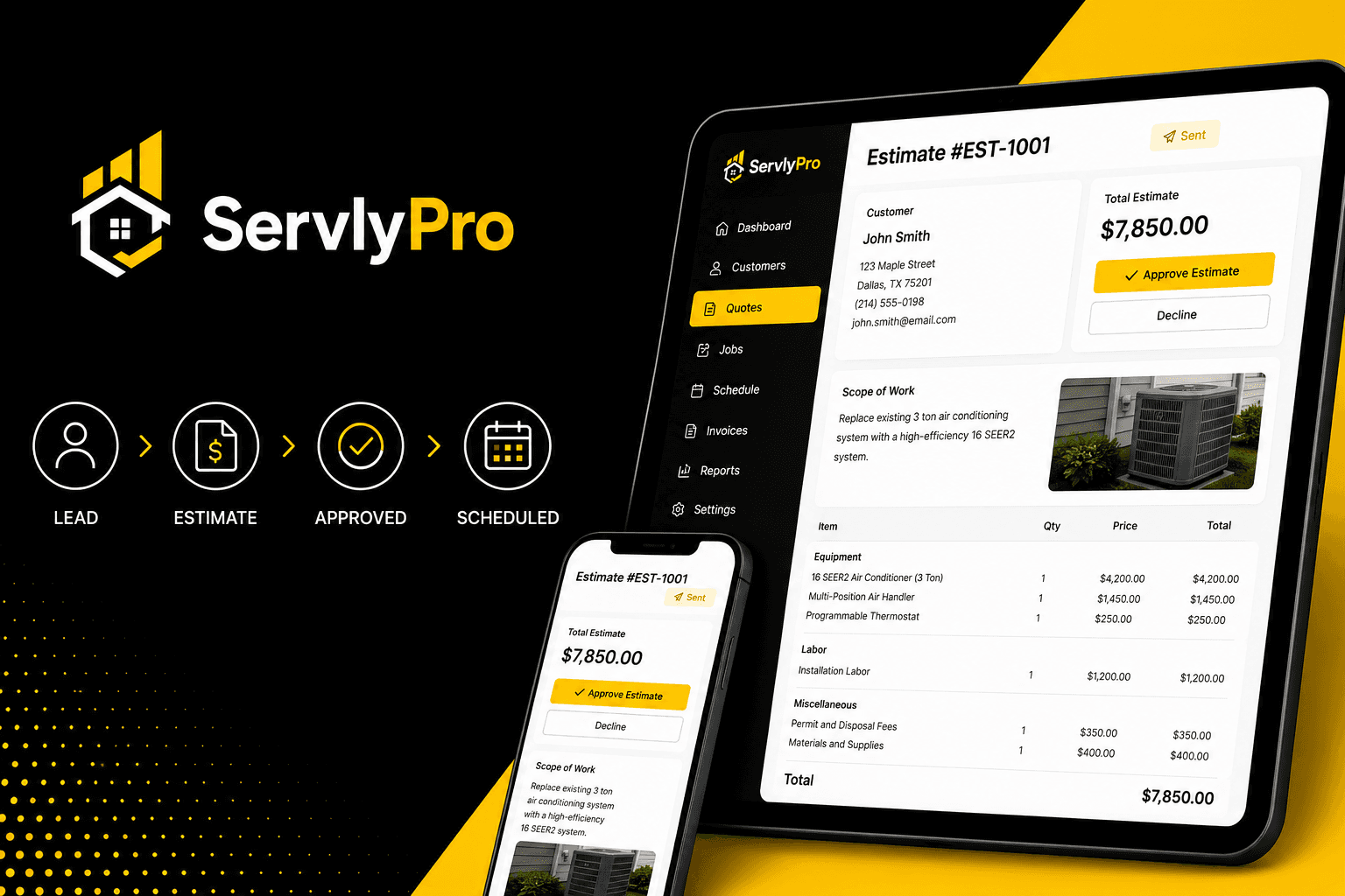 HVAC estimate software showing a professional HVAC quote with customer details, pricing, and approval options