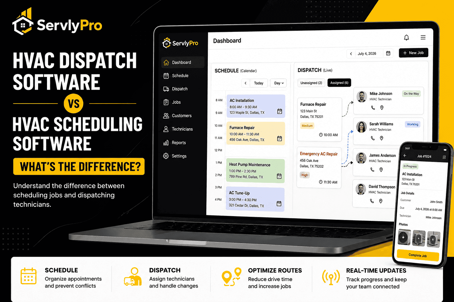 HVAC dispatch software dashboard showing technician scheduling, service calls, and job assignments