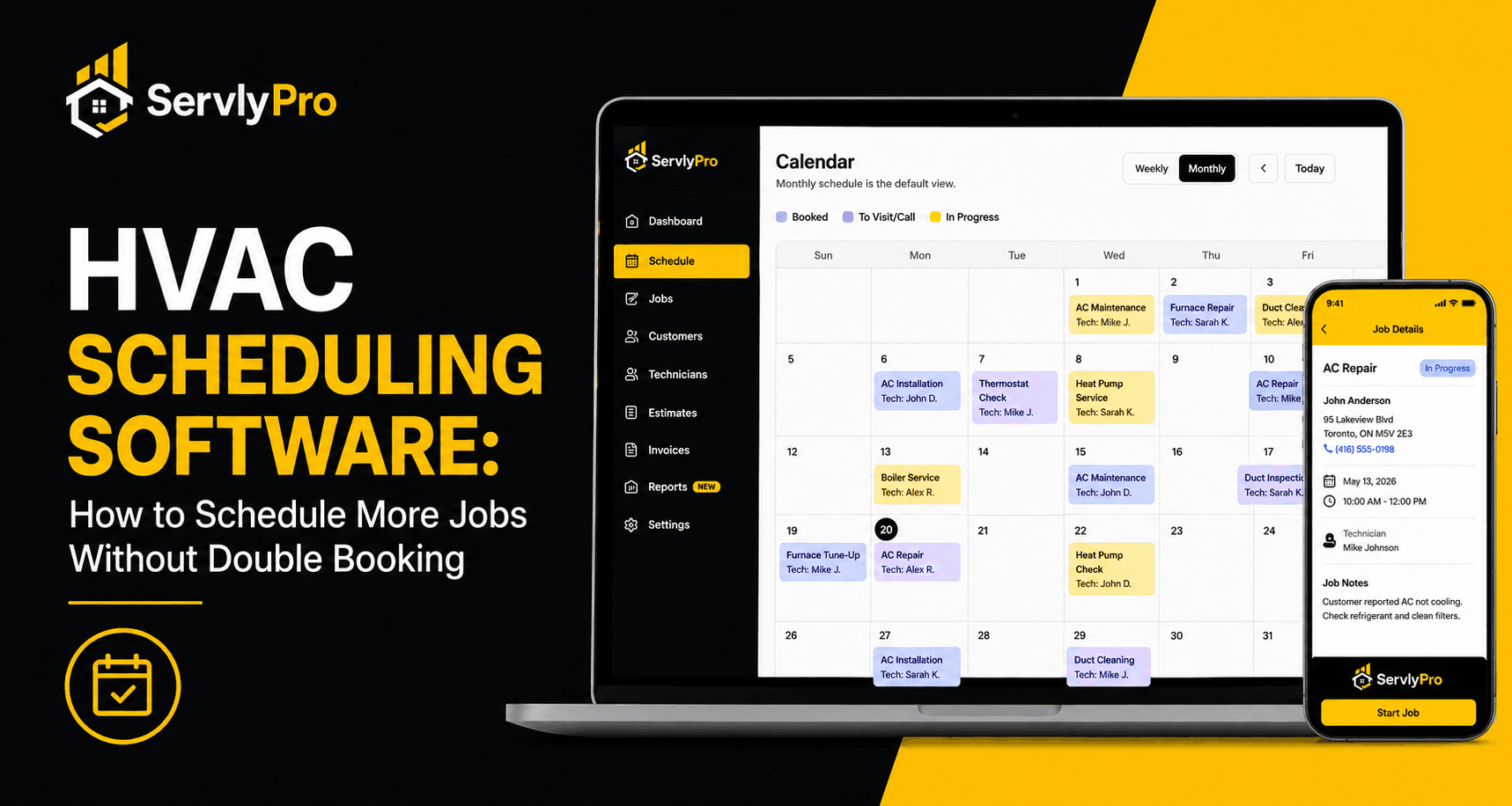 HVAC scheduling software calendar showing technician availability, service appointments, and job assignments